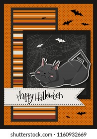 Vector illustration with design template for halloween event banner with detailed bright black cat, bats, spider web and happy halloween hand lettering label.