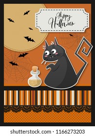 Vector illustration with design template for halloween event banner with detailed bright black cat, bats, spider web and happy halloween hand lettering label.