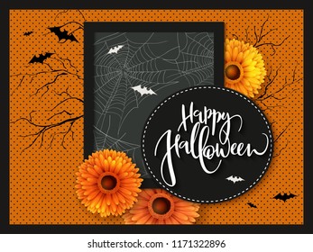 Vector illustration with design template for halloween event banner with detailed bright gerberas, spider web and happy halloween hand lettering label.