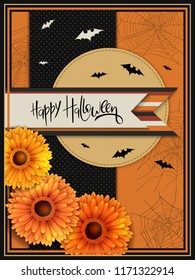 Vector illustration with design template for halloween event banner with detailed bright gerberas, spider web and happy halloween hand lettering label.