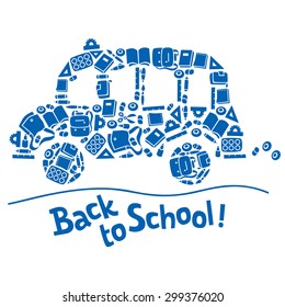 Vector illustration or design template of monochrome school bus made from school supplies, and logo or lettering Back to School