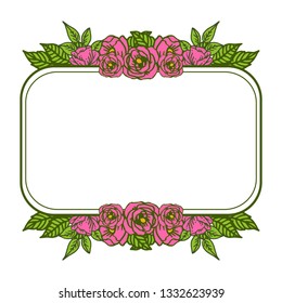 Vector illustration design template rose pink flower frame with green leaves