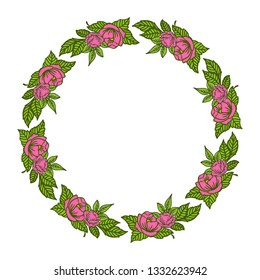 Vector illustration design template rose pink flower frame with green leaves