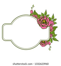 Vector illustration design template rose pink flower frame with green leaves