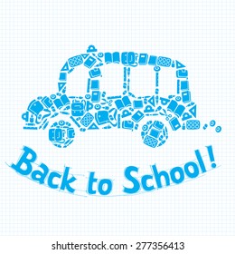Vector illustration or design template of school bus made from school supplies on background in the box, like in the school notebook, and logo or lettering Back to School