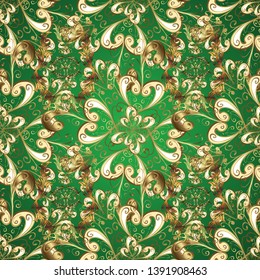 Vector illustration. For design textiles, paper, wallpaper. Seamless. Elements in green and beige colors. Floral vintage seamless pattern. Art. Oriental style. Vector illustration.