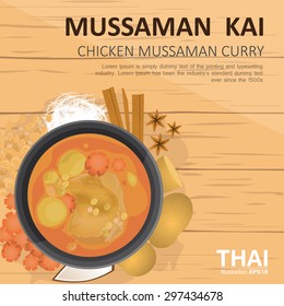 vector illustration design of Thai food, Mussaman kai,Thai Chicken Mussaman curry, with ingredients, top view   