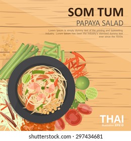 vector illustration design of  Thai food, Som Tum  ,Thai Green papaya salad , with ingredients, top view   