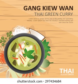 vector illustration design of , Thai  food ,Gang Kiew Wan ,Thai green curry in coconut milk , ingredients, top view   