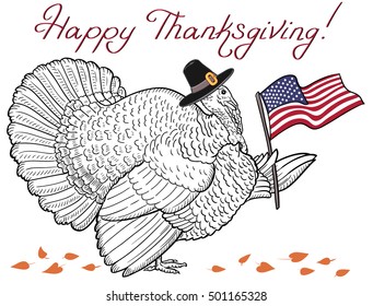 Vector Illustration Design  for Thanksgiving with image cartoon Turkey in Hat with the flag of America on white background. Autumn leaves.