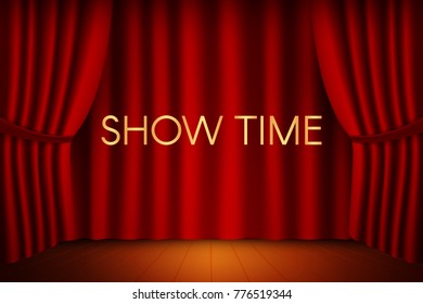 Vector illustration design. Theater stage with curtain and show time inscription. 