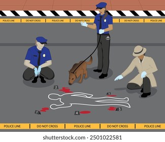 vector illustration design of three investigators, two of whom are male and female police officers and a detective wearing brown clothes investigating the area where a crime occurred with a sniffer do