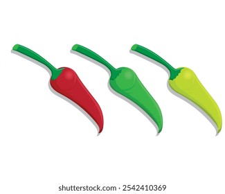 vector illustration design of three medium sized chili peppers in red, green and yellow