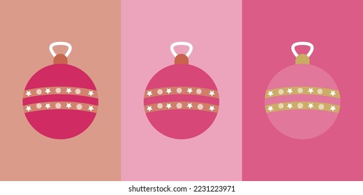 Vector illustration design of three round Christmas ornaments decorations on different colored background. Christmas template concept with colors such pink and purple.