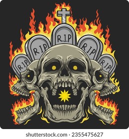 vector illustration design of three skulls with burning tombstones