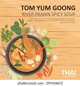 vector illustration design of Tom Yam Goong, Asian food ,Thai dish, ingredients, top view   