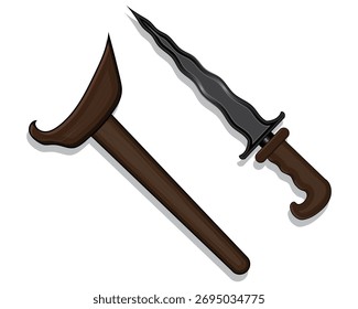 Diseño de Ilustración vectorial de un arma tradicional similar a un cuchillo con un cuerpo enrollado similar a un keris javanés con una vaina que lo cubre