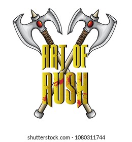Vector illustration design for T-shirt with text "Art of Rush" and 2 fantasy axes.