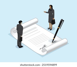 vector illustration design of two business people consisting of a man and a woman in black suits with bags or suitcases standing near a contract letter that is signed in a business agreement