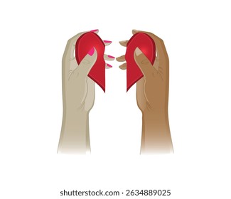 Vector illustration design of two hands of a man and a woman holding a red love or heart symbol that is in a broken state to be put back together