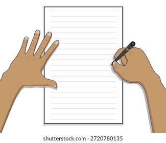 Vector illustration design of two hands, the right hand is holding a blank white lined paper, while the right hand is holding a writing tool and appears to be writing something.