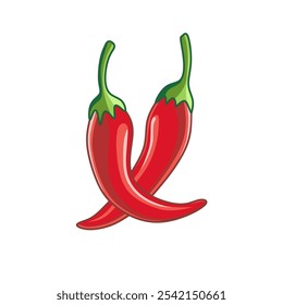 Diseño de Ilustración vectorial de dos chiles rojos con subgrupos verdes, que simbolizan el sabor caliente y delicioso. Perfecto para temas culinarios, gastronómicos o picantes, aportando frescura y sabor picante.