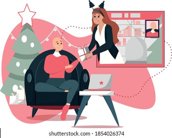 Vector illustration design. Two young girls, one of them hairless (bald), are exchanging New Year's gifts in a videoconference. Against the background of New Year's decor