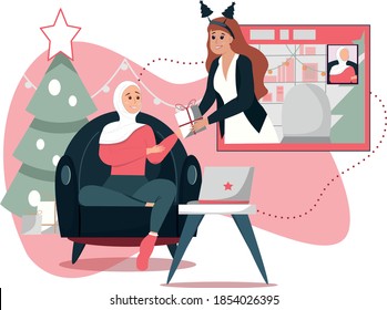 Vector illustration design. Two young girls, one of them wearing a burqa, are exchanging New Year's gifts in a videoconference. Against the background of New Year's decor