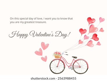 Vector illustration design of Valentine greeting card with cute bike and text. Valentine celebration, greeting cards, Happy Valentines Day.