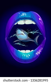 Vector illustration design of vampire lips with shark. Painting for bedroom interior design.