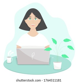 Vector illustration. Design for vep sites, and more. Remote work, freelance employee. The girl works at home, on the project. Woman with a laptop. Smile, positive mood. Cute character. Minimalism.