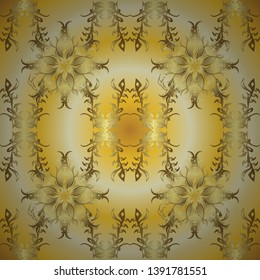 Vector illustration. Design vintage for card, wallpaper, wrapping, textile. Gold template. Royal retro on yellow and beige colors. Seamless pattern golden elements. Floral classic texture.