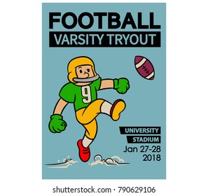 Vector illustration design vintage cartoon of American football varsity try out poster