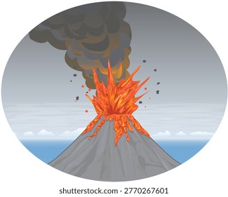 Vector illustration design of a volcano that appears to be erupting and emitting hot lava and black smoke with a background of sea and sky that are gray due to the smoke