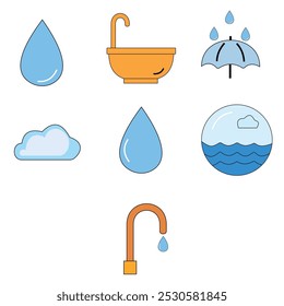 Vektorgrafik-Design von Wassertropfen, Schirm und Badewannen-Symbolen