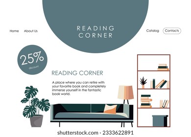 Vector illustration. Design for a website, landing page, interior design, room reservation, rent an apartment, library.