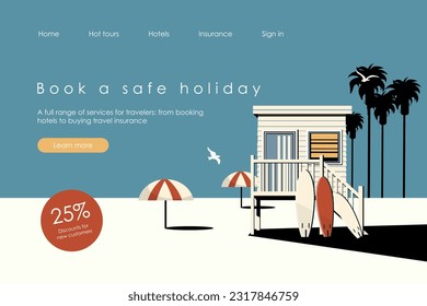 Ilustración vectorial. Diseño para turismo en sitios web, seguro de viajes, reserva de hoteles, vacaciones. página de inicio