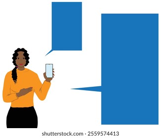 vector illustration design of a woman holding a cellphone while explaining information and beside her there are two large and small comment boxes