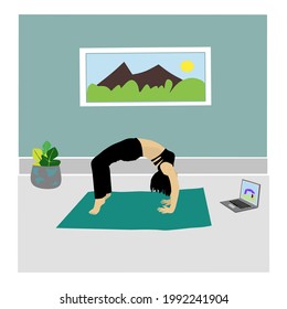 Vector illustration or design of a woman performing the wheel pose yogasana or chakrasana 