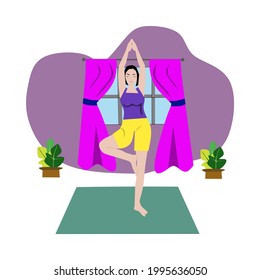 Vector illustration or design of a woman performing tree pose yoga on international yoga day 