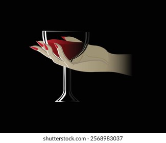vector illustration design of a woman's hand and fingers holding a clear glass containing dark red wine on a black background