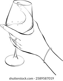vector illustration design of woman's hand and fingers with rings holding a clear glass of wine 