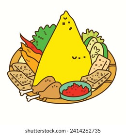 vector illustration of a design of yellow rice forming a mountain with several toppings such as lime, tempeh, chicken thighs, red chilies, carrots and mustard greens.