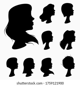Vector illustration design for your project.  A set of silhouettes of women with different hairstyles.