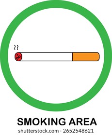 Ilustração vetorial do sinal da área de fumagem designada com ícone de cigarro dentro de um círculo verde para a sensibilização do público

