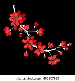 Vector illustration. Designer Sakura. Branch of Japanese cherry blossoms with beautiful flowers.Sakura handmade.