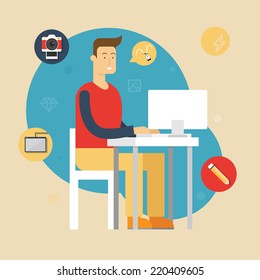 Vector illustration of a designer sitting at the desk and working on computer in the office. Flat style