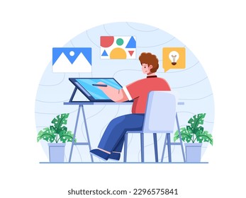 Vector Illustration of a designer working on a drawing tablet, creating digital artwork with a stylus pen, and The designer is shown sitting at a desk.
Designer and Illustrator Job Concept.