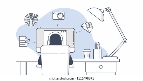 Vector illustration of a designer's desk and tasks. Line illustration