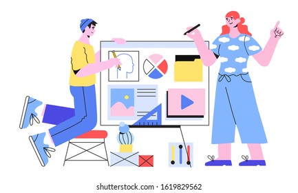 Vector Illustration Of Designers Doing Presentation Or Preparing A New Project. Creative Team Of Web Designers Prototyping A New Web Site, Landing Page Or Mibile Application. Teamwork Concept.